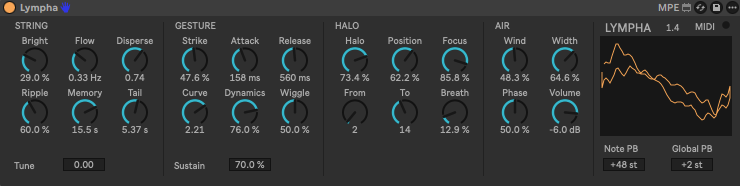 The Lympha device in Ableton Live: four panels of dials, String, Gesture, Halo and Air, and a display showing the spectrum of the string